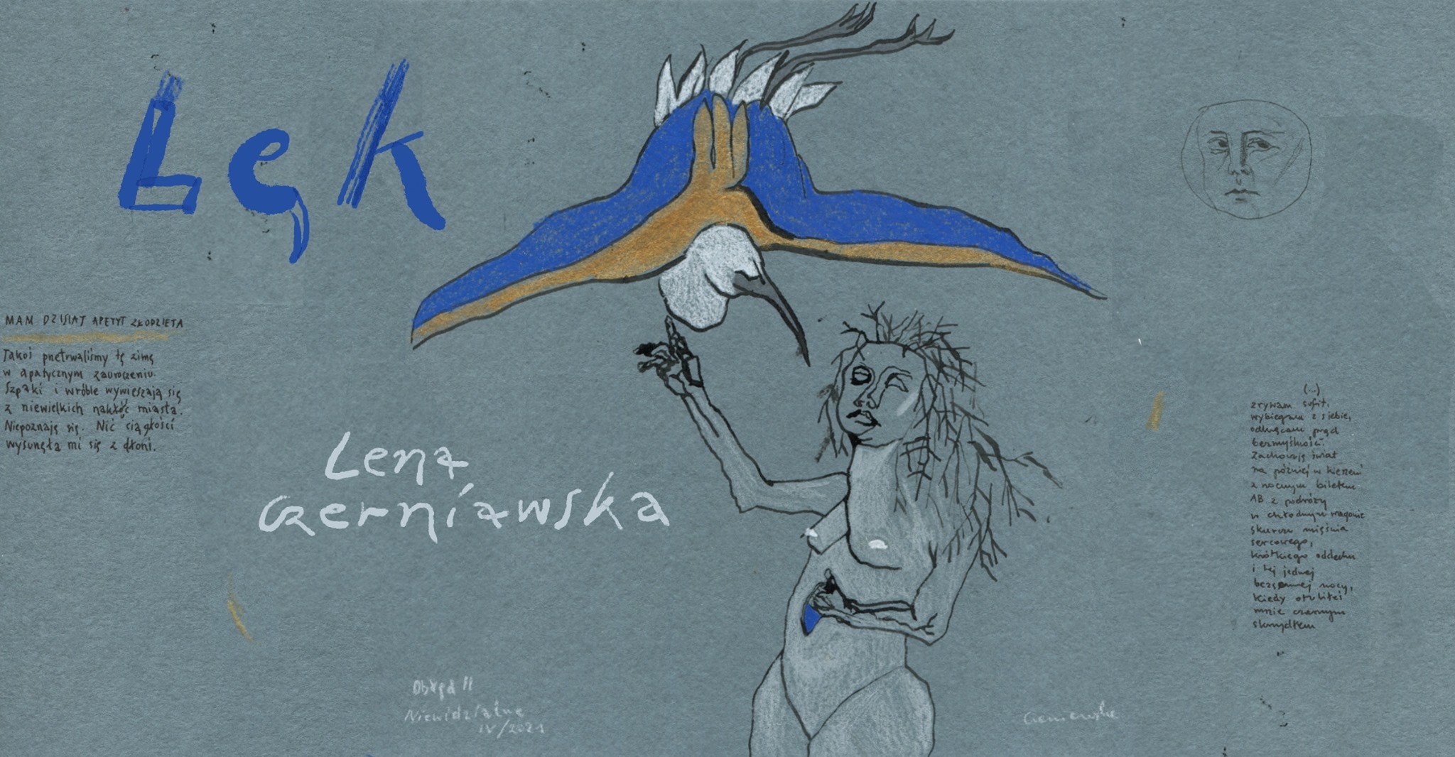 Rysunek: rysunek Leny Czerniawskiej. Zawiera tytuł wystawy - Lęk.
