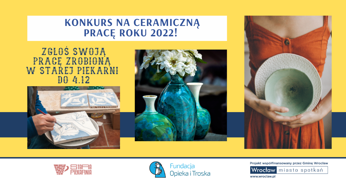 Plansza z wyrobami z ceramiki zapowiadająca konkurs na ceramiczną pracę roku 2022