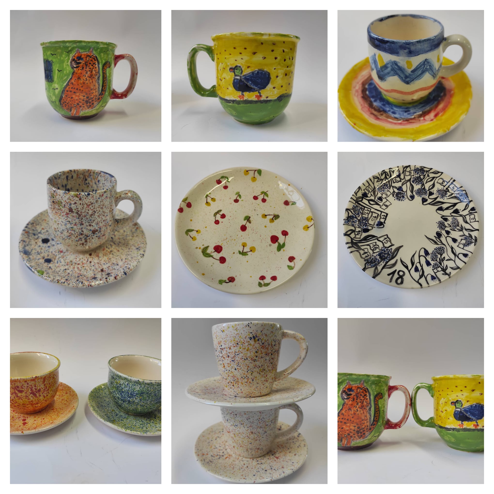 Zdjęcie: kolaż 8 kwadratowych zdjęć przedstawiających ceramiczne filiżanki i talerze