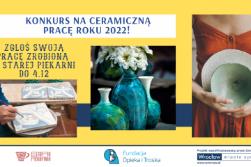 Plansza z wyrobami z ceramiki zapowiadająca konkurs na ceramiczną pracę roku 2022