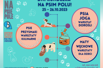 Plansza z napisami: Dni Kundelka na Psim Polu, 3 koła a w nim tekst: Psie przysmaki, warsztaty kulinarne' psia joga dla dorosłych, warsztaty maty węchowe dla psów. 