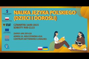 Plansza z napisem lekcje języka polskiego dla dzieci i dorosłych z Ukrainy 
